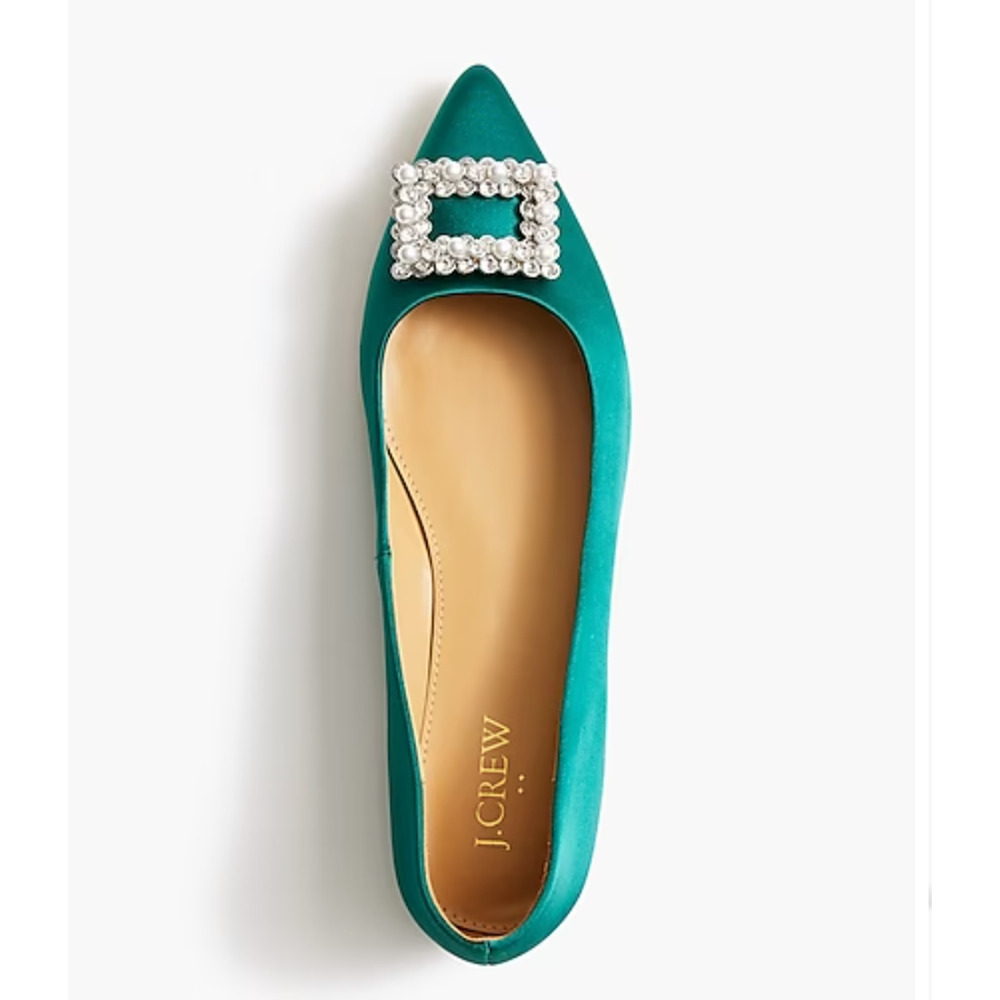 Crystal Embellished Pointed-Toe Satin Flats | Sz 9, Green | J Crew Factory - Picture 3 of 6